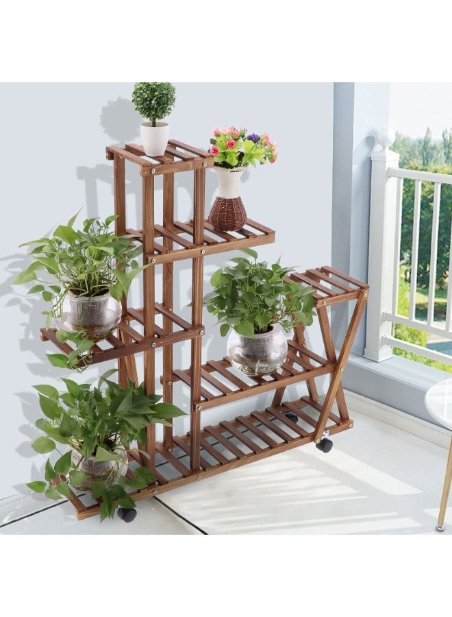 6-Tier Wooden Plant Stand with Wheels, Mobile Flower Shelf for Indoor & Outdoor, Solid Spruce Wood Balcony Garden Rack, 30kg Capacity for Pots, Books, Decor - Image 4